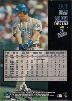 1998 Sports Illustrated World Series Fever #93 Dean Palmer Back