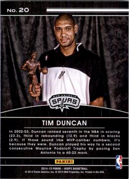2014-15 Hoops - High Honors #20 Tim Duncan Back