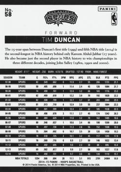 2014-15 Hoops - Blue #58 Tim Duncan Back