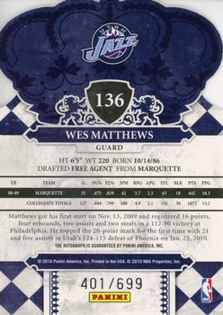 2009-10 Panini Crown Royale #136 Wesley Matthews Back