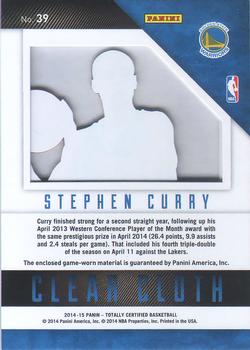 2014-15 Panini Totally Certified - Clear Cloth Jerseys Blue #39 Stephen Curry Back