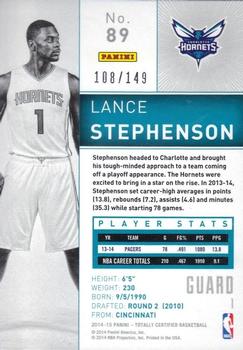 2014-15 Panini Totally Certified - Platinum Blue #89 Lance Stephenson Back