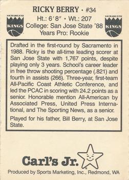 1988-89 Carl's Jr. Sacramento Kings #NNO Ricky Berry Back
