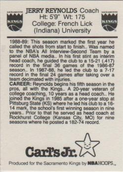 1989-90 Carl's Jr. Sacramento Kings #NNO Jerry Reynolds Back