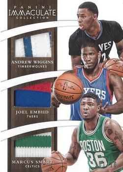 2014-15 Panini Immaculate Collection - Trios Relics Prime #T-AJM Marcus Smart / Andrew Wiggins / Joel Embiid Front