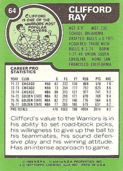 1977-78 Topps - White Backs #64 Clifford Ray Back