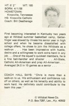 1977-78 Kentucky Wildcats News #12 Chris Gettelfinger Back