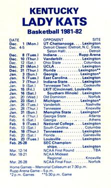 1981-82 Kentucky Lady Kats Schedules #NNO Kathy Lokie Back