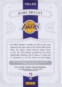 2014-15 Panini National Treasures - NBA Material Prime #NBA-KB Kobe Bryant Back