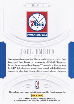 2014-15 Panini National Treasures - NBA Rookie Materials Logoman #RLM-JE Joel Embiid Back