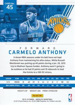 2015-16 Panini Absolute #45 Carmelo Anthony Back
