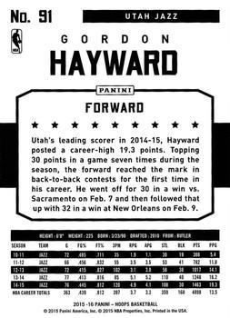 2015-16 Hoops - Red #91 Gordon Hayward Back