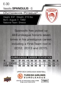2015-16 Upper Deck Euroleague #E-30 Vassilis Spanoulis Back
