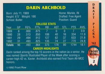 1992 Front Row Draft Picks - Gold #2 Darin Archbold Back