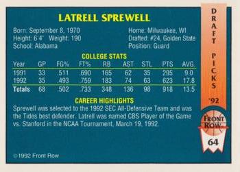 1992 Front Row Draft Picks - Gold #64 Latrell Sprewell Back