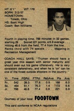 1978-79 Foodtown Kentucky Wildcats #11 Truman Claytor Back