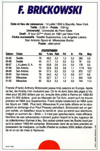1991-93 5 Majeur Magazine France #NNO Frank Brickowski Back