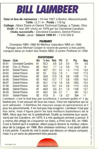 1991-93 5 Majeur Magazine France #NNO Bill Laimbeer Back