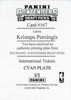 2015 Panini Contenders Draft Picks - Season Ticket Printing Plates Cyan #167 Kristaps Porzingis Back