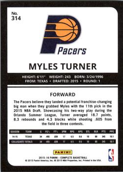 2015-16 Panini Complete #314 Myles Turner Back