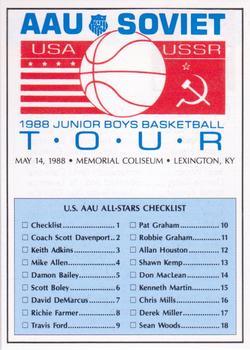 1988 Wildcat News AAU Soviet Tour - Perforated #1 U.S. AAU All-Stars Checklist Front