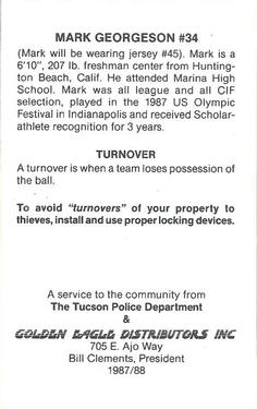 1987-88 Arizona Wildcats Police #NNO Mark Georgeson Back