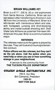 1990-91 Arizona Wildcats Police #NNO Brian Williams Back
