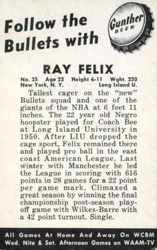 1954-55 Gunther Beer Baltimore Bullets #NNO Ray Felix Back