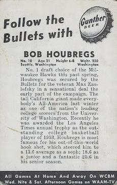 1954-55 Gunther Beer Baltimore Bullets #NNO Bob Houbregs Back