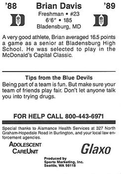 1988-89 Duke Blue Devils #NNO Brian Davis Back