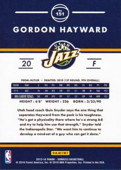 2015-16 Donruss #151 Gordon Hayward Back