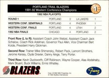 1992-93 Franz Portland Trail Blazers #1 Portland Trail Blazers Back