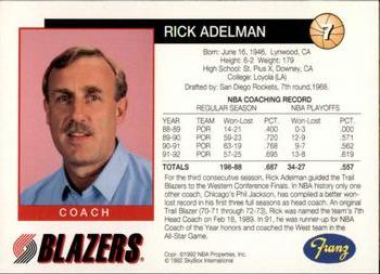 1992-93 Franz Portland Trail Blazers #7 Rick Adelman Back