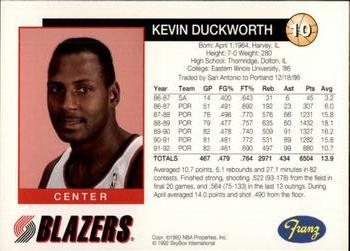1992-93 Franz Portland Trail Blazers #10 Kevin Duckworth Back