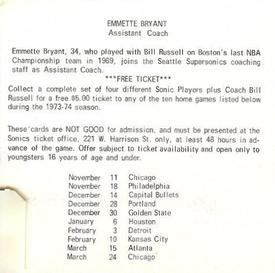 1973-74 Shur-Fresh Seattle SuperSonics #3 Emmette Bryant Back