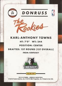 2015-16 Donruss - The Rookies #21 Karl-Anthony Towns Back