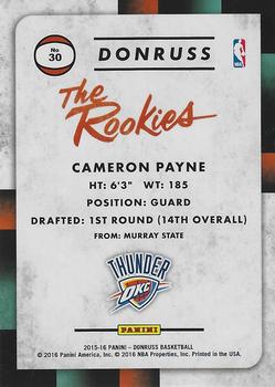 2015-16 Donruss - The Rookies #30 Cameron Payne Back