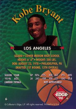 1996 Collector's Edge Rookie Rage - Pink #6 Kobe Bryant Back