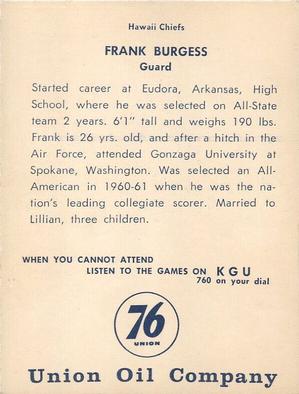 1961 Union Oil Hawaii Chiefs #NNO Frank Burgess Back