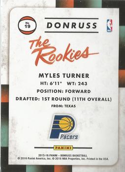 2015-16 Donruss - The Rookies Holofoil #19 Myles Turner Back