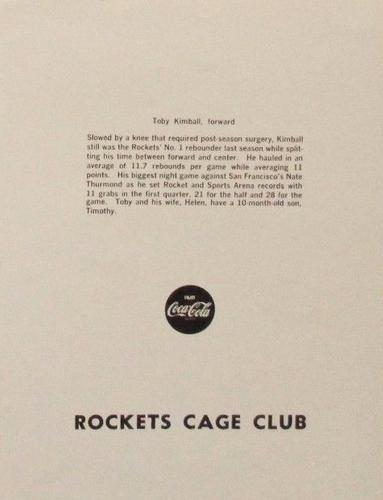 1969-70 Coca-Cola San Diego Rockets #NNO Toby Kimball Back