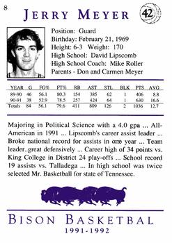 1991-92 David Lipscomb University Bison #8 Jerry Meyer Back