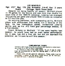 1971-72 Sunbeam Bread Seattle SuperSonics #10 Lee Winfield Back