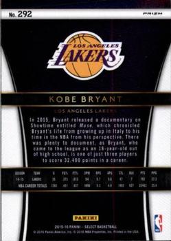 2015-16 Panini Select - Silver Prizms #292 Kobe Bryant Back