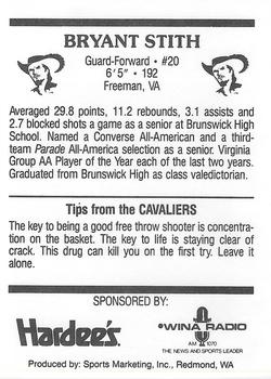 1988-89 Virginia Cavaliers Hardees #11 Bryant Stith Back