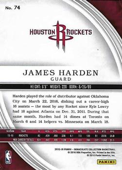 2015-16 Panini Immaculate Collection #74 James Harden Back