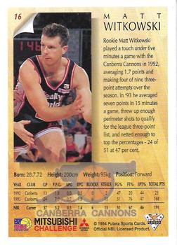1994 Futera Australian NBL #16 Matt Witkowski Back