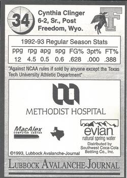 1992-93 Texas Tech Lady Raiders #NNO Cynthia Clinger Back