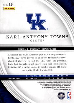 2016-17 Panini Immaculate Collection Collegiate #26 Karl-Anthony Towns Back