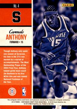 2016 Panini Contenders Draft Picks - Old School Colors #4 Carmelo Anthony Back